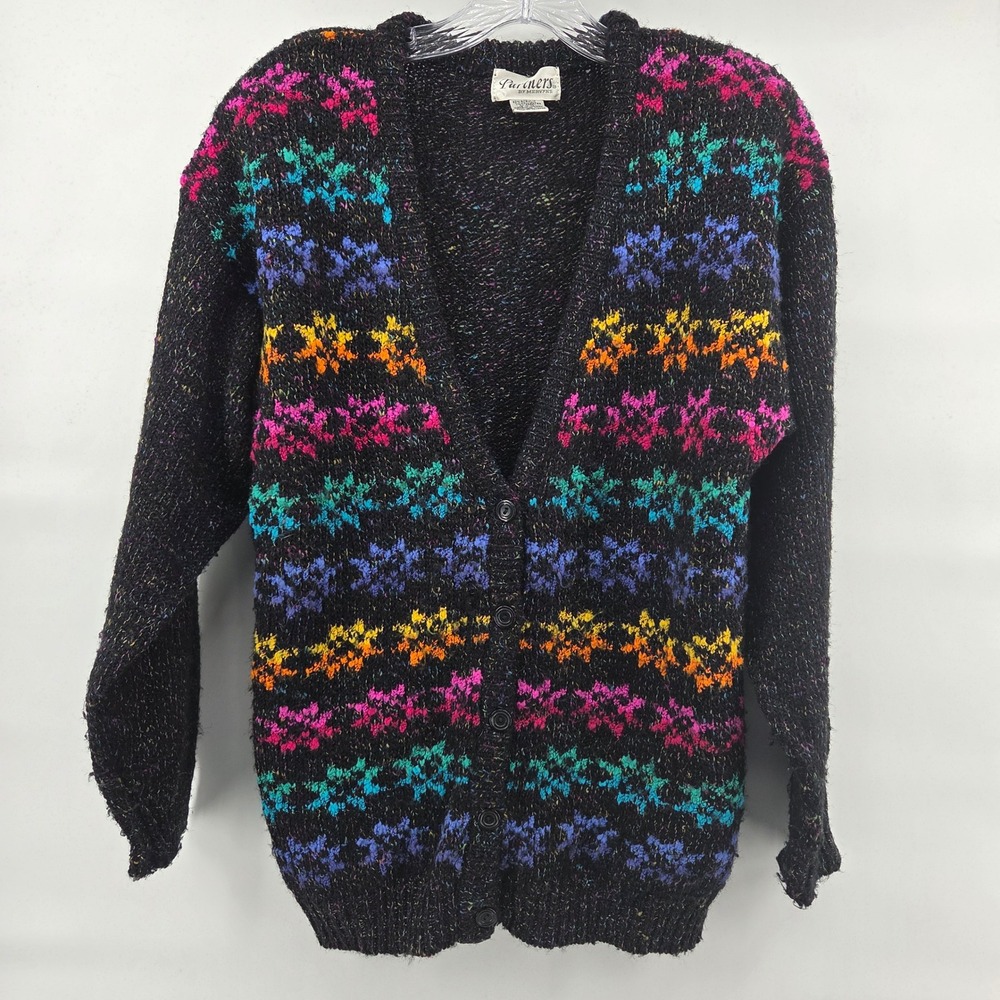 Partners‎ by Mervyns Cardigan Medium Black Bright Geometric Vintage 80's